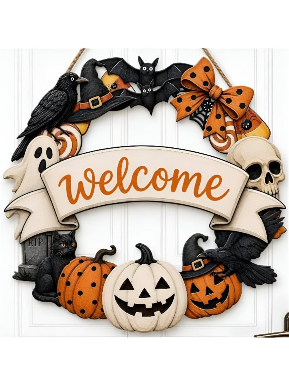 Halloween Welcome Wreath for Front Door Wooden Pumpkin Ghost Door Decor